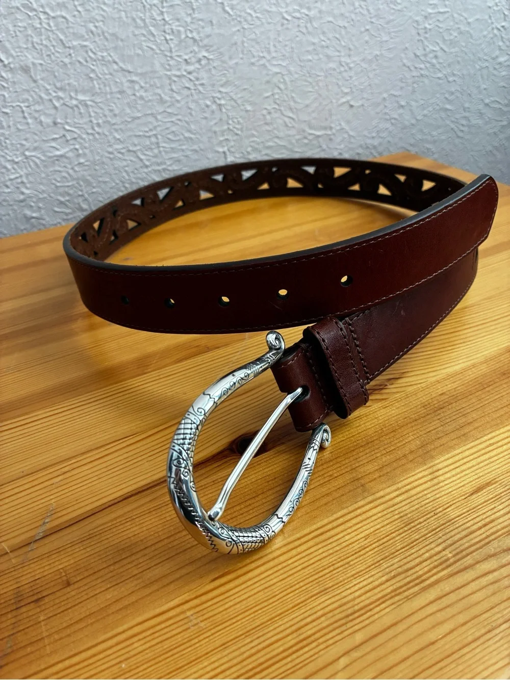 BRIGHTON Brown Leather laser cut belt and unique silver tone buckle
